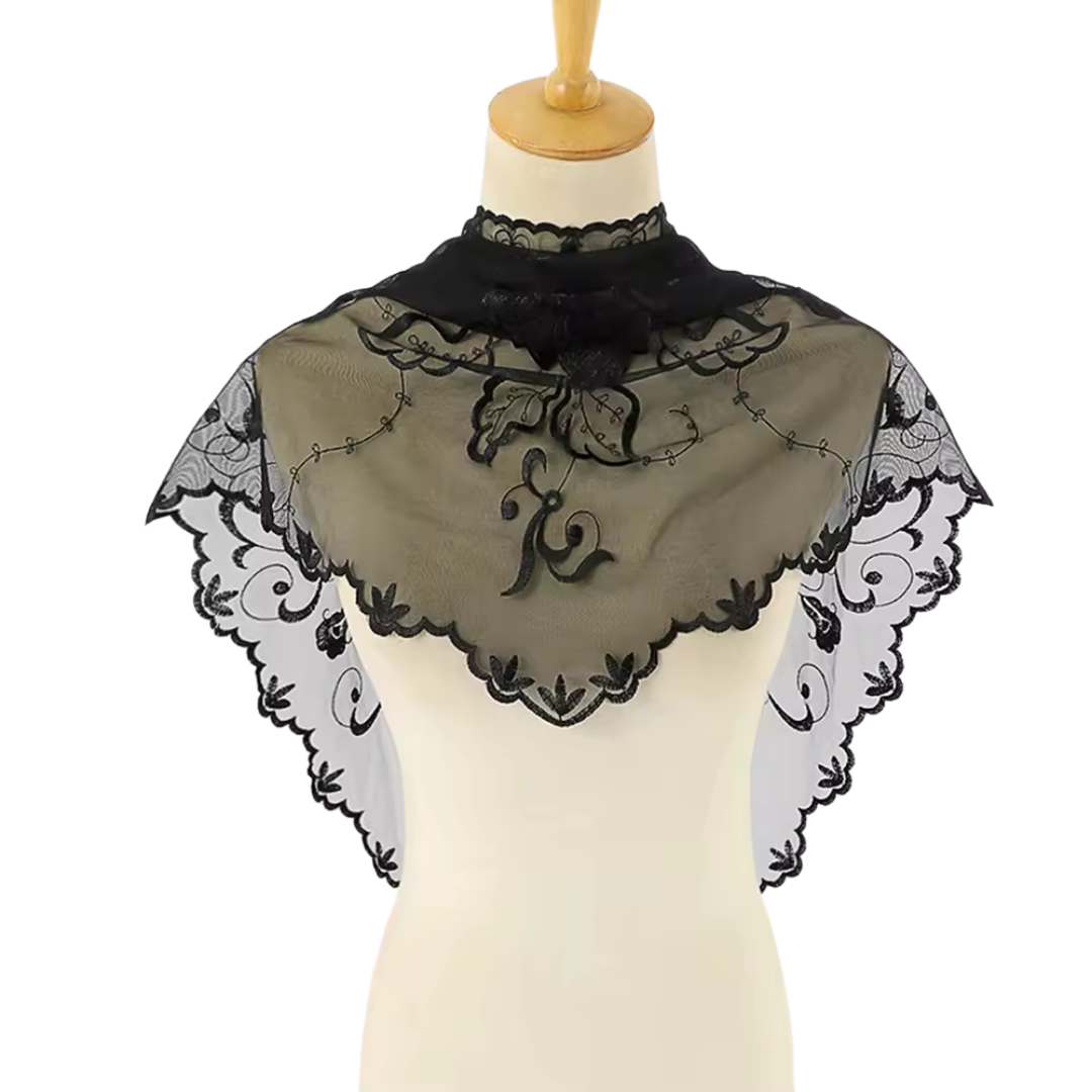 Classic Floral Scroll Embroidered Lace Mantilla Veil - Black or White