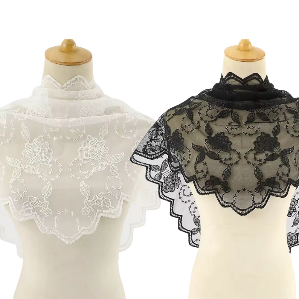 Rose Pattern Embroidered Lace Mantilla Veil - Black or White