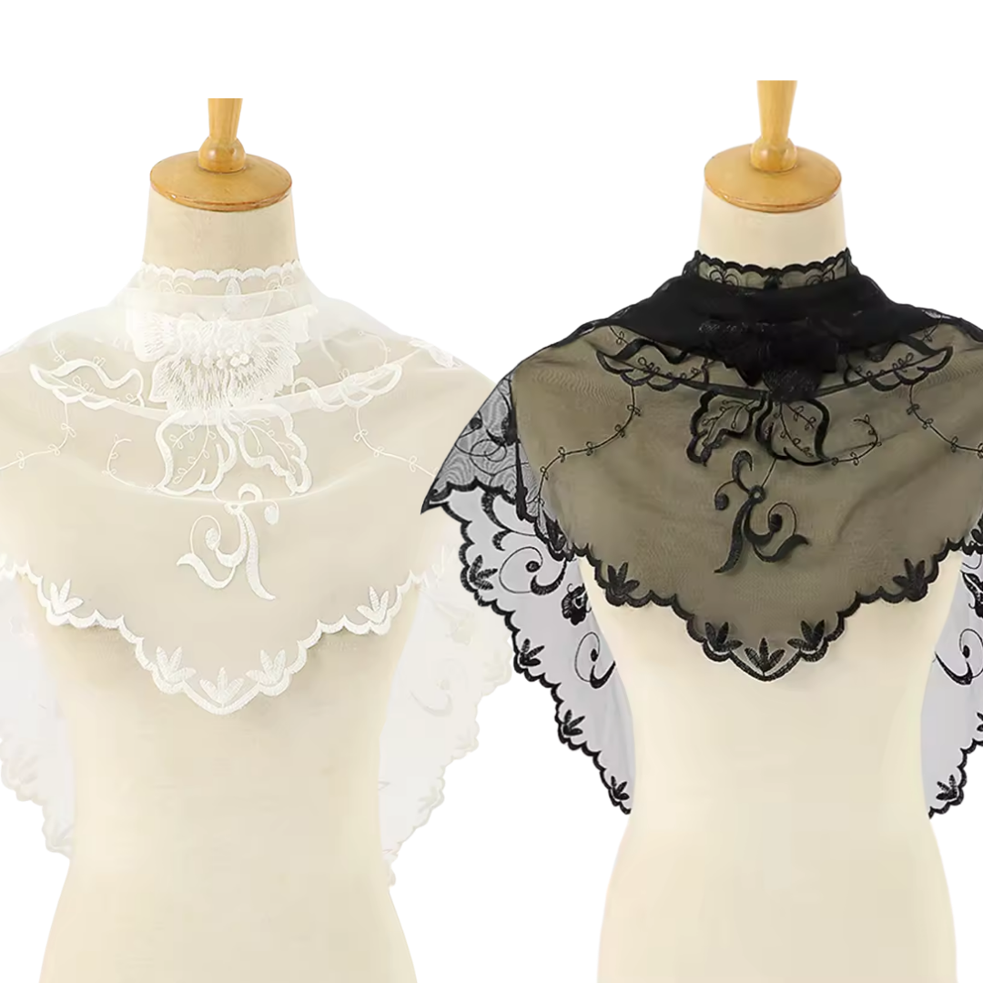 Classic Floral Scroll Embroidered Lace Mantilla Veil - Black or White