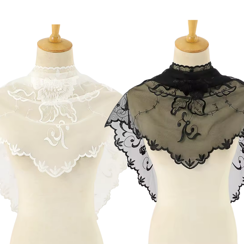 Classic Floral Scroll Embroidered Lace Mantilla Veil - Black or White