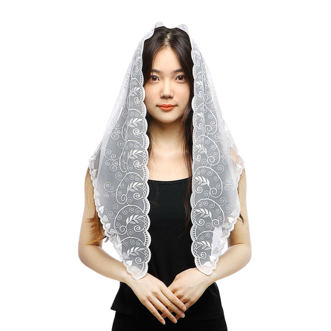 Vine and Floral Embroidered Lace Mantilla Veil - Black or White