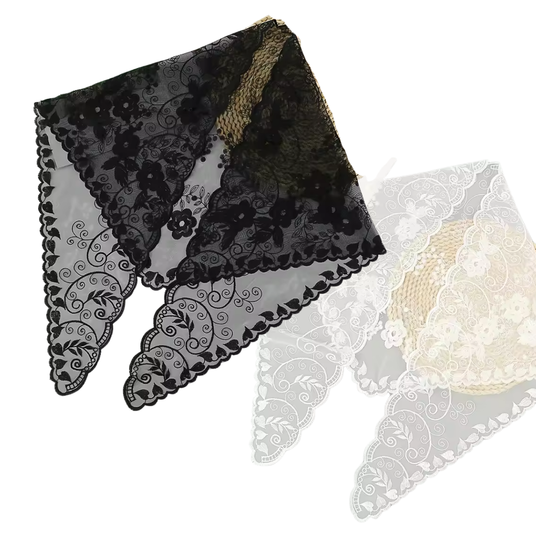 Vine and Floral Embroidered Lace Mantilla Veil - Black or White