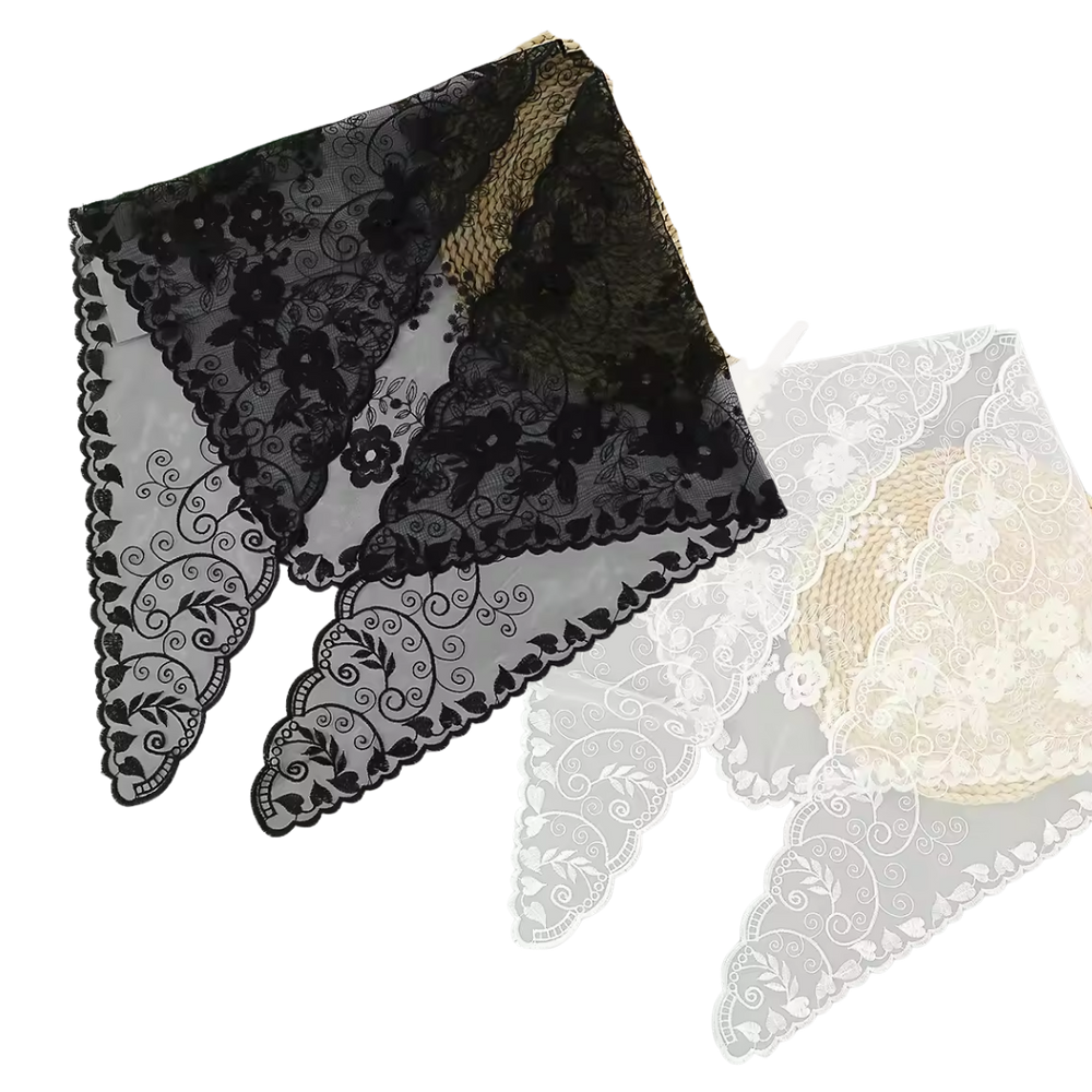 Vine and Floral Embroidered Lace Mantilla Veil - Black or White