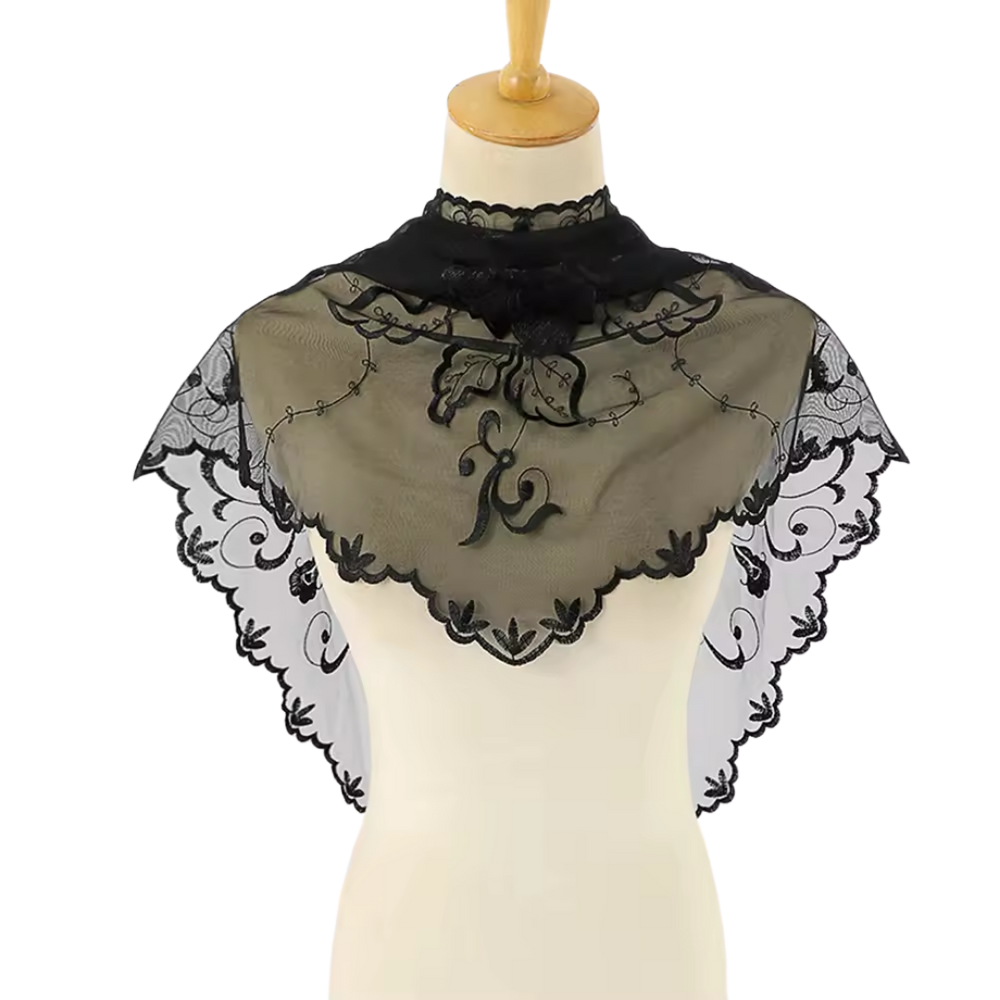 Classic Floral Scroll Embroidered Lace Mantilla Veil - Black or White