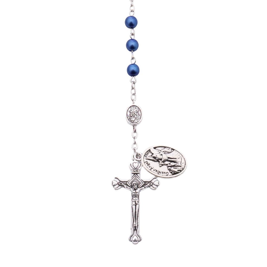 St Michael Blue Pearl Rosary with Crucifix – 6mm Beads