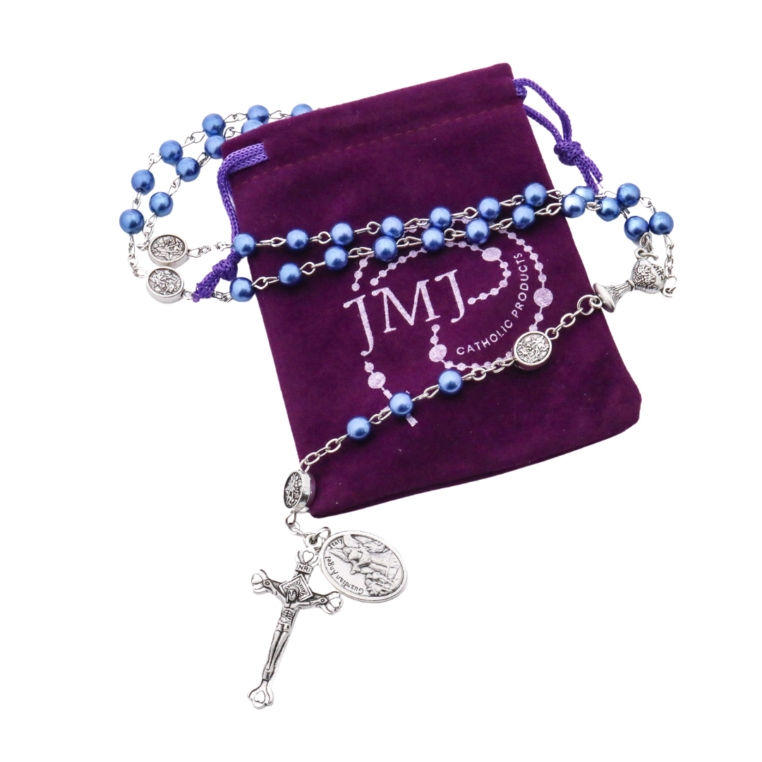 St Michael Blue Pearl Rosary with Crucifix – 6mm Beads