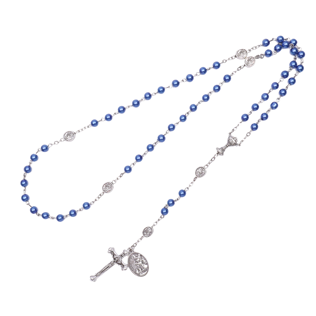 St Michael Blue Pearl Rosary with Crucifix – 6mm Beads