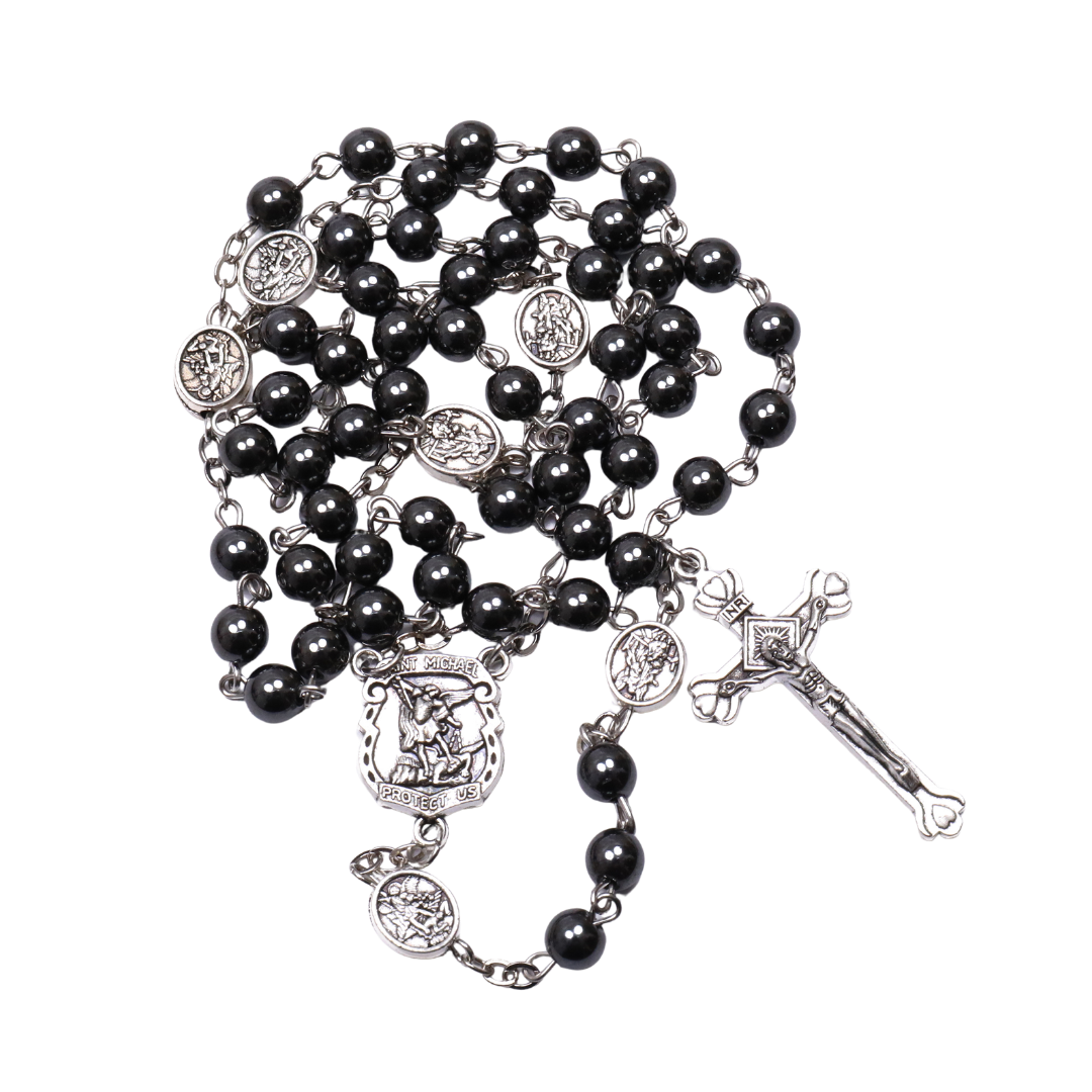 St Michael Hematite Rosary with Crucifix – 6 mm Beads