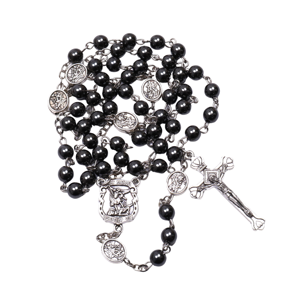 St Michael Hematite Rosary with Crucifix – 6 mm Beads