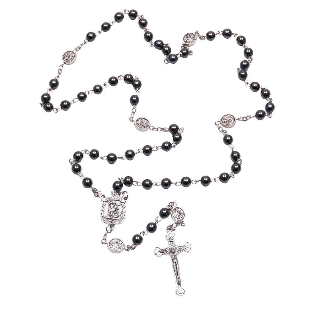 St Michael Hematite Rosary with Crucifix – 6 mm Beads