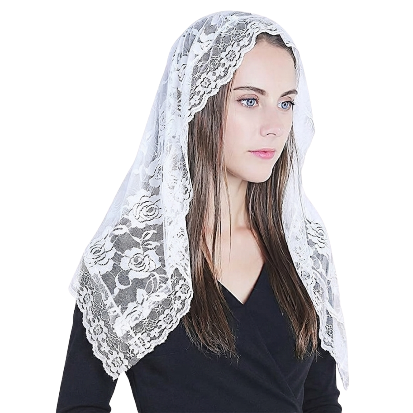Embroidered Mantilla Veil with Lace - Black or White (50 x 90 cm)