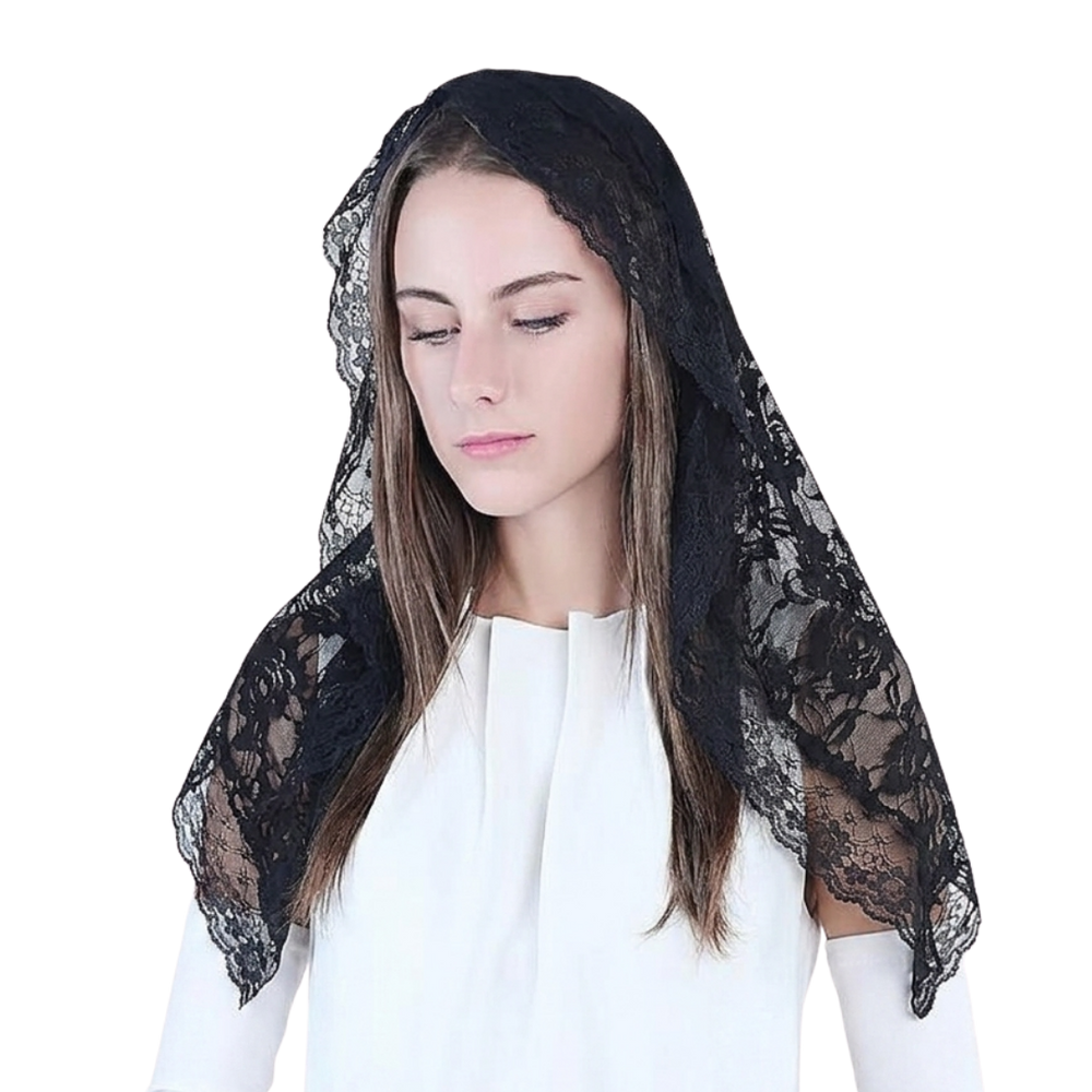 Embroidered Mantilla Veil with Lace - Black or White (50 x 90 cm)