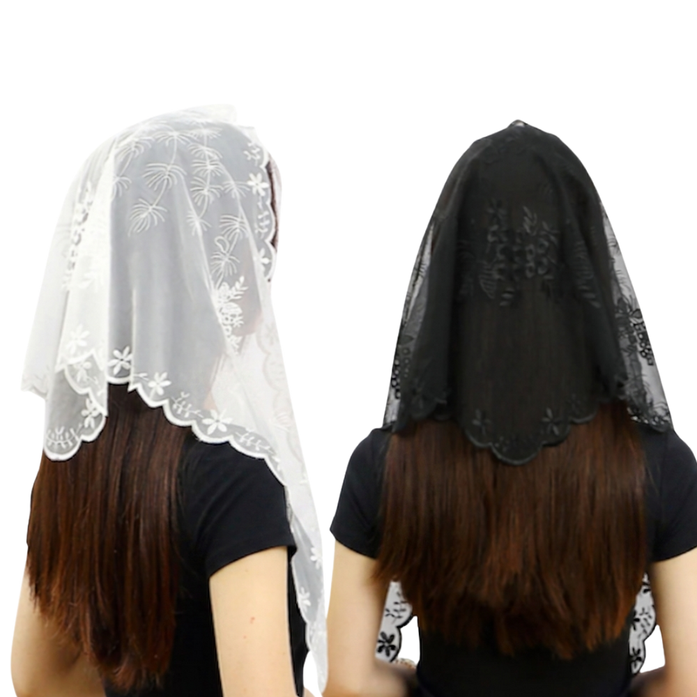 Elegant floral sheer Lace Mantilla Veil - Black or White (140 x 48 cm)