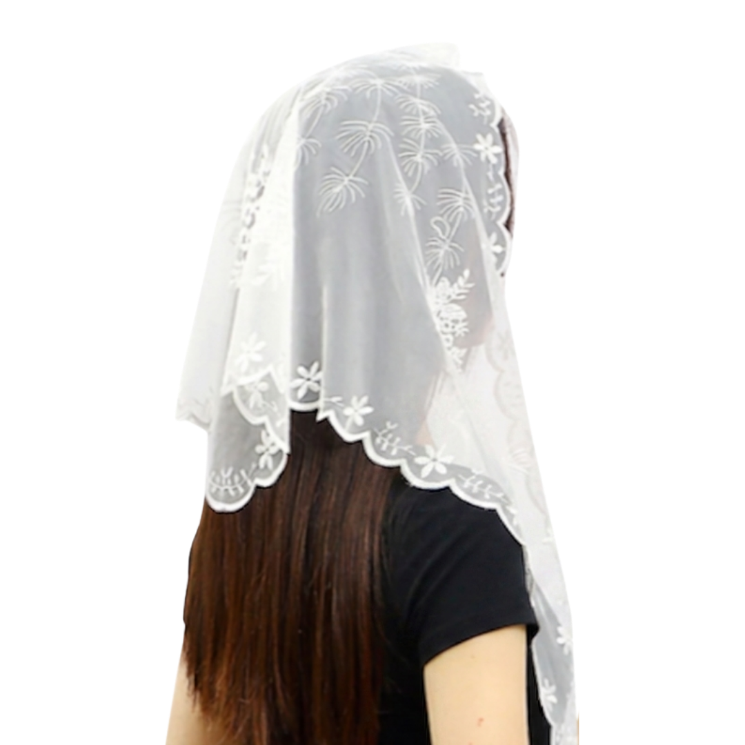 Elegant floral sheer Lace Mantilla Veil - Black or White (140 x 48 cm)