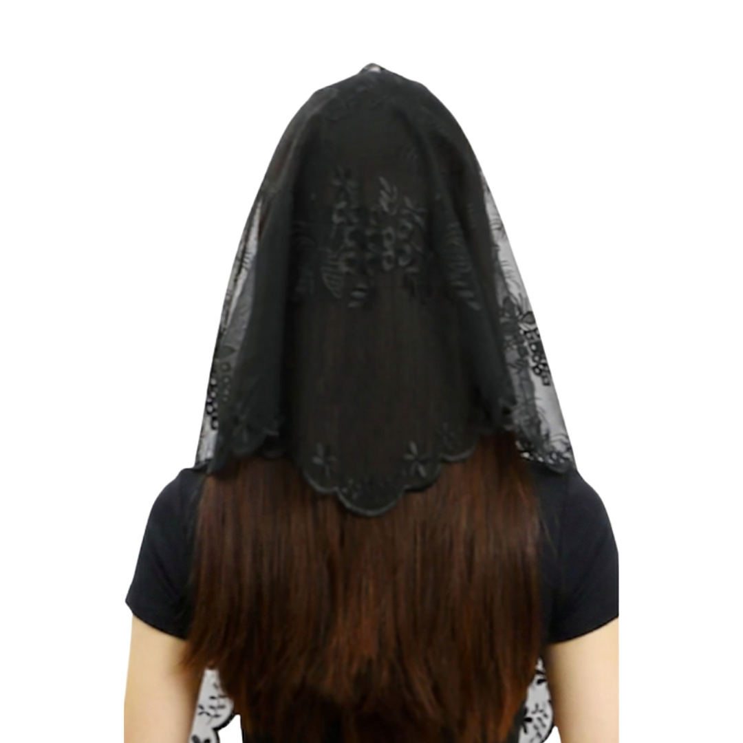 Elegant floral sheer Lace Mantilla Veil - Black or White (140 x 48 cm)