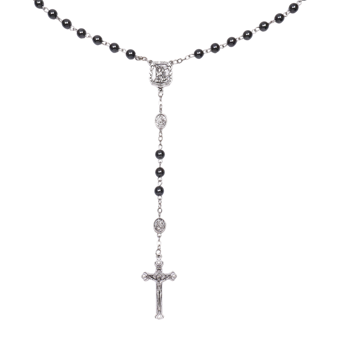 St Michael Hematite Rosary with Crucifix – 6 mm Beads