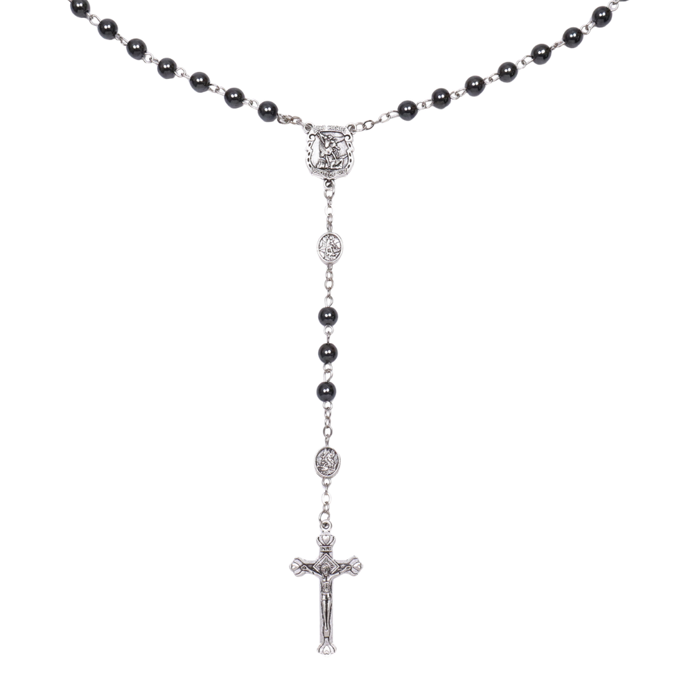 St Michael Hematite Rosary with Crucifix – 6 mm Beads