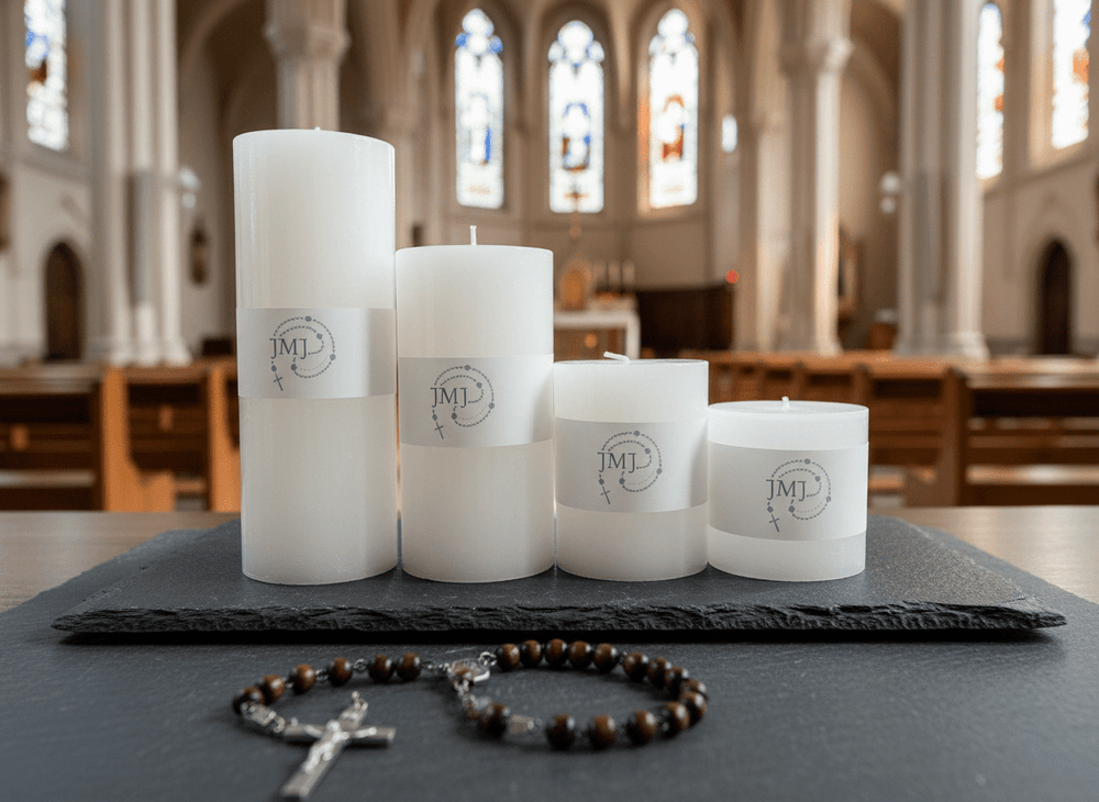 JMJ Devotional Pillar Candle — White, Slow-Burning (30–80 Hour Burn Time) - JMJ Catholic Productsvariant