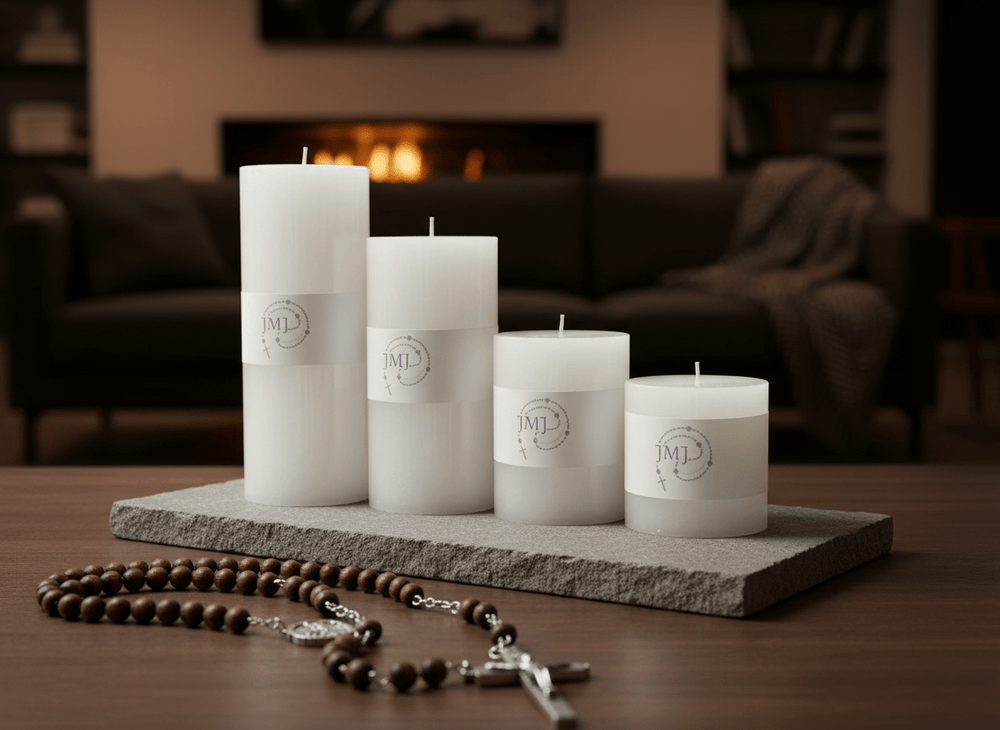 JMJ Devotional Pillar Candle — White, Slow-Burning (30–80 Hour Burn Time) - JMJ Catholic Productsvariant