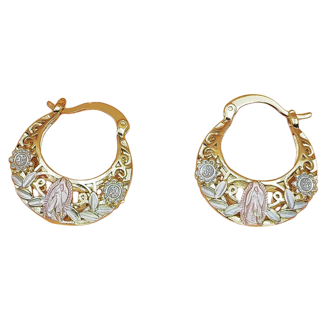 Our Lady of Guadalupe Tri-tone - 18K Gold Plated Hoop Earrings