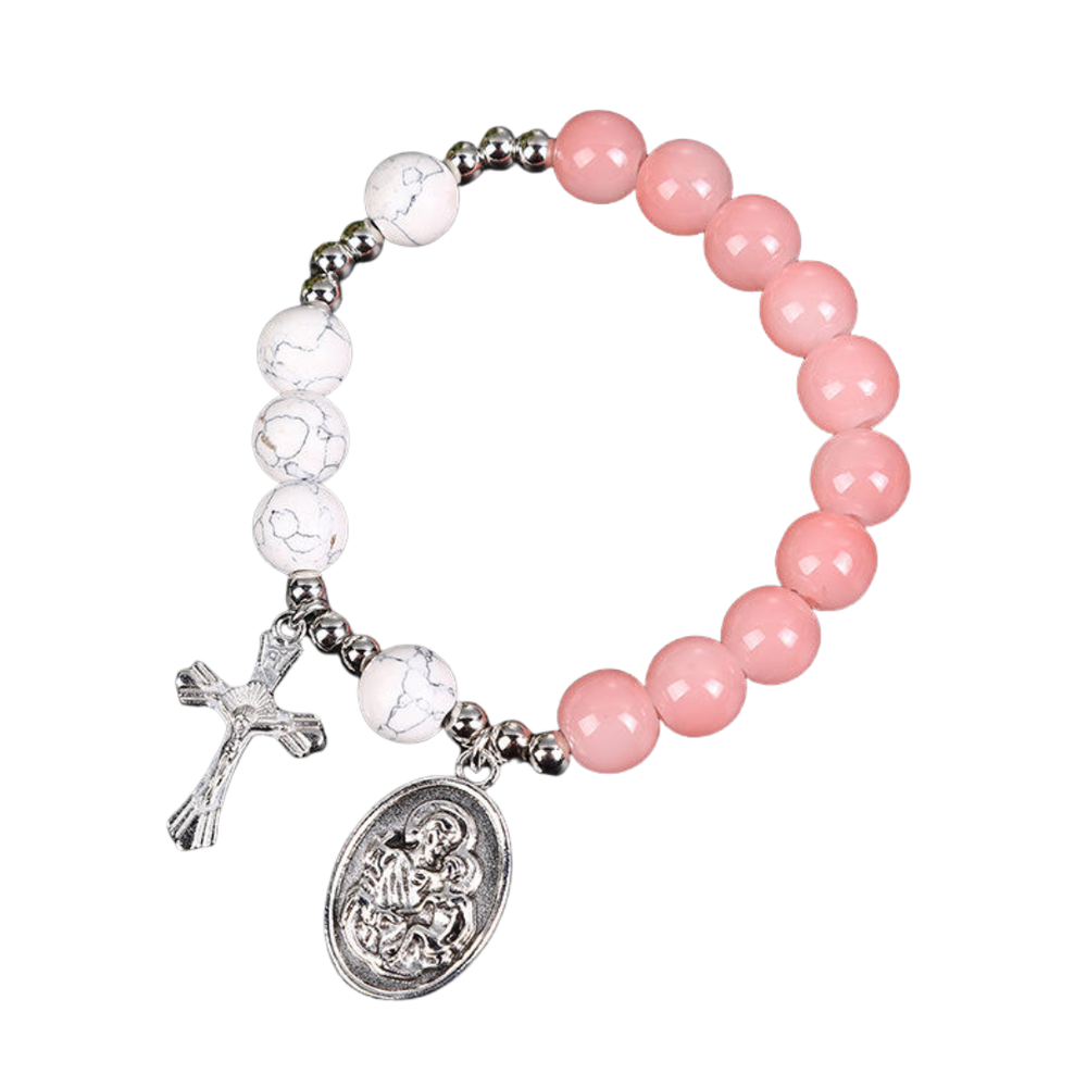 Faith & Grace Decade Rosary Bracelet – Pink & White with Crucifix & Virgin Mary Medal
