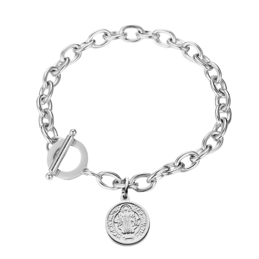 Protection St. Benedict Medal Chain Bracelet – Stainless Steel with Silver Plating