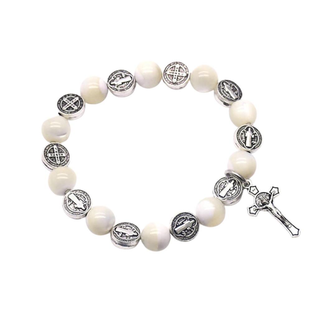 St. Benedict Devotional Rosary Bracelet – White Beads with Crucifix Charm
