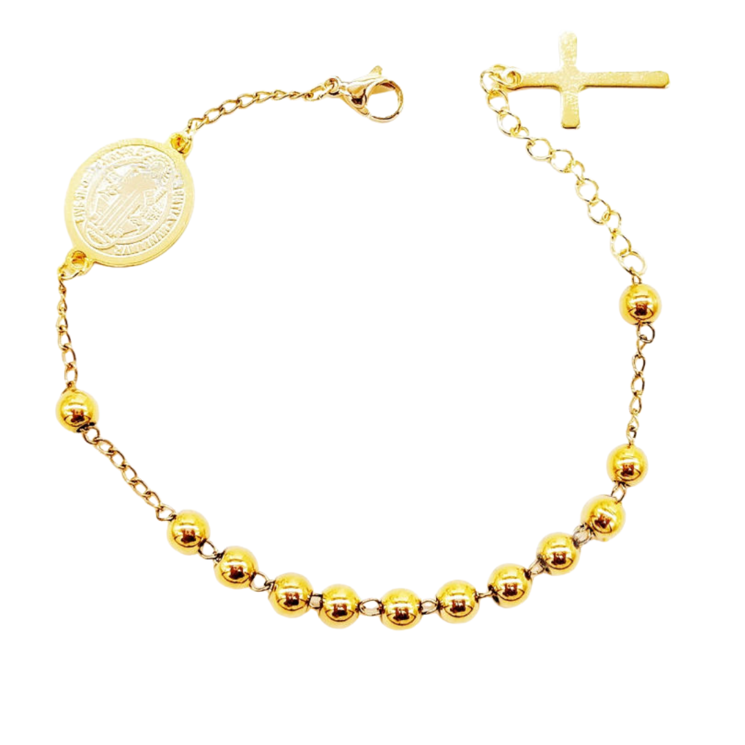Gold plated St. Benedict Decade Rosary Bracelet – Crucifix Charm, Symbol of Faith & Protection