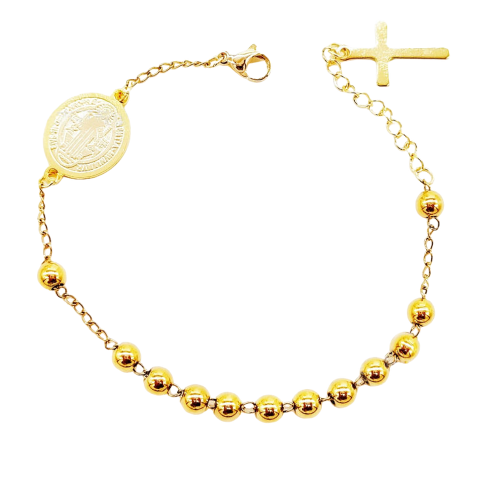 Gold plated St. Benedict Decade Rosary Bracelet – Crucifix Charm, Symbol of Faith & Protection