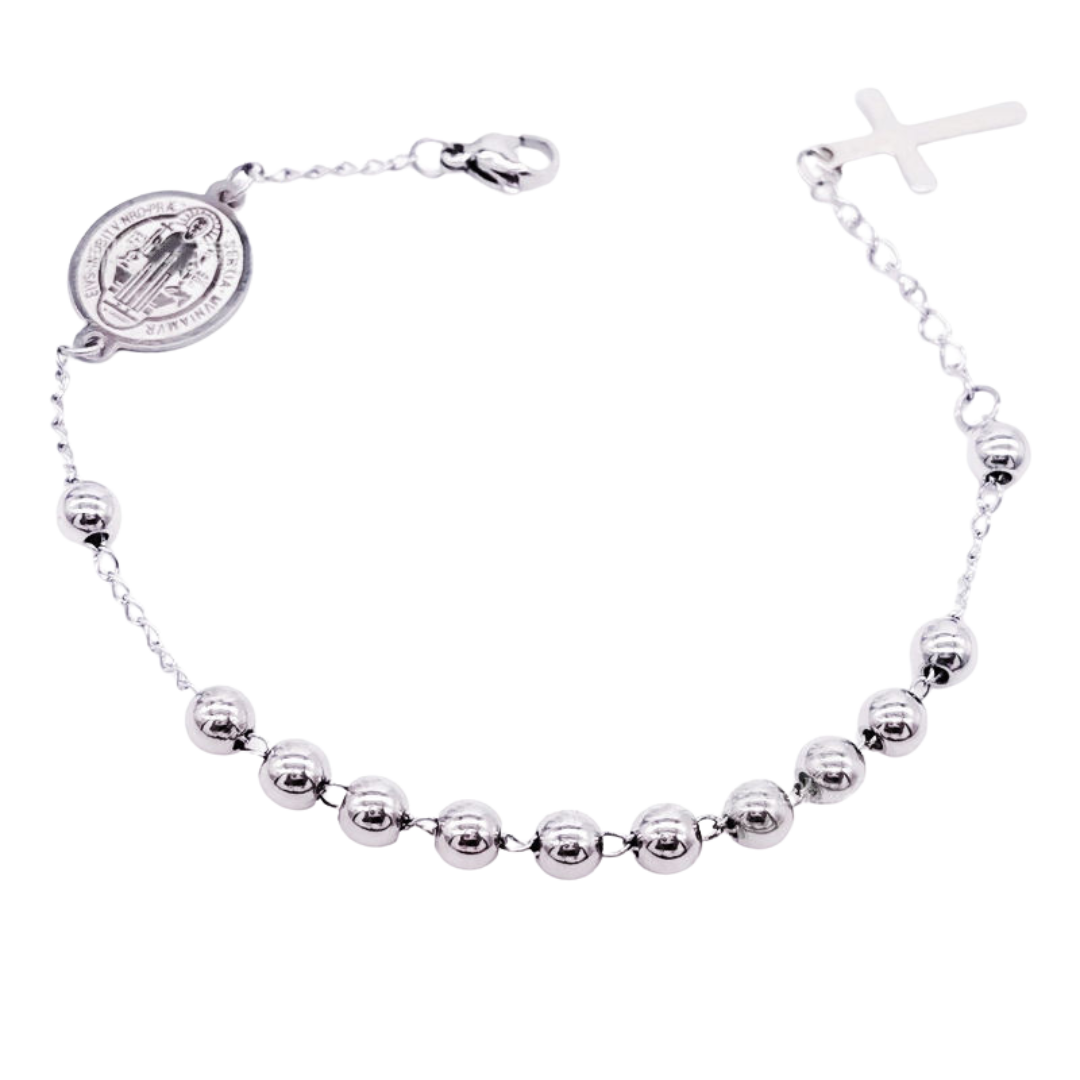 Silver Plated St. Benedict Decade Rosary Bracelet with Crucifix Charm, Symbol of Faith & Protection
