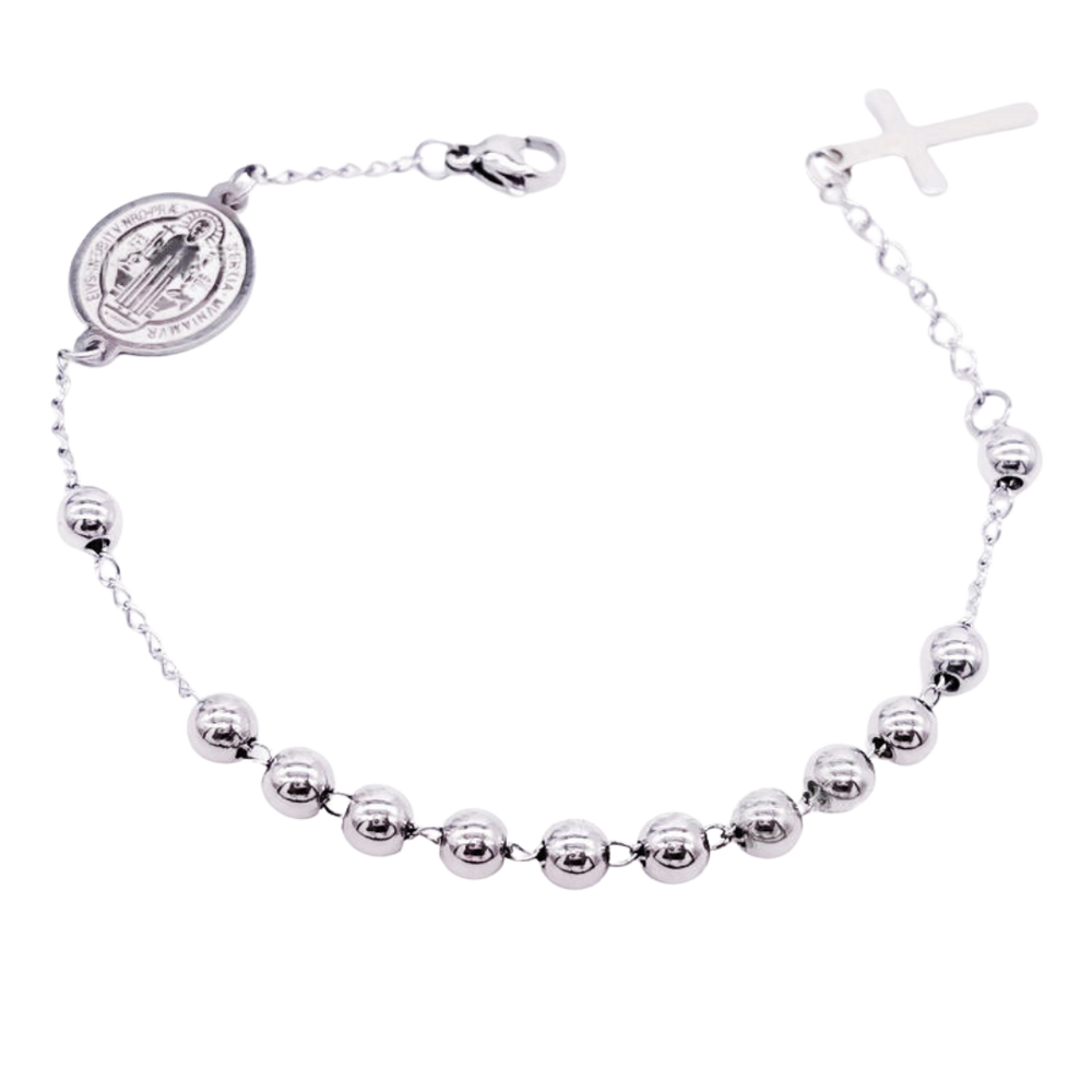 Silver Plated St. Benedict Decade Rosary Bracelet with Crucifix Charm, Symbol of Faith & Protection