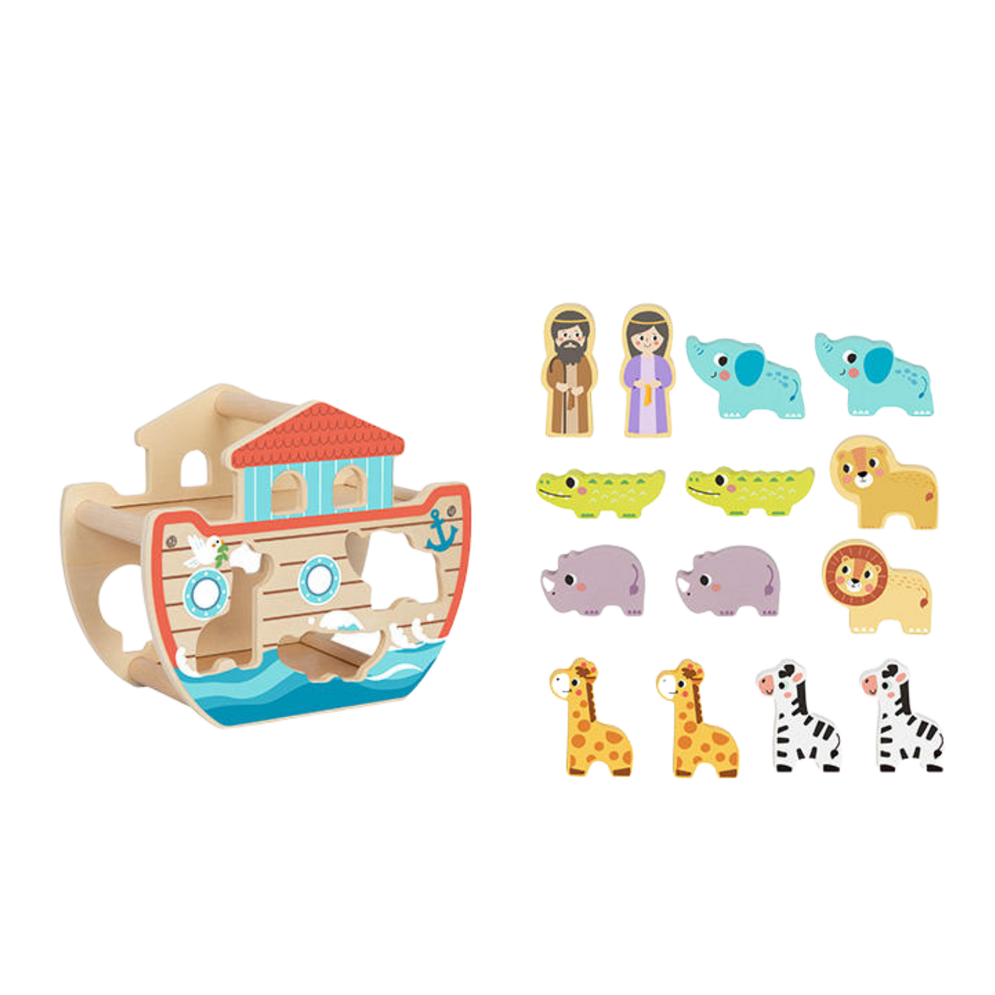 Noah's Ark Wooden Sorting Toy - 14-Piece Colourful Educational Playset