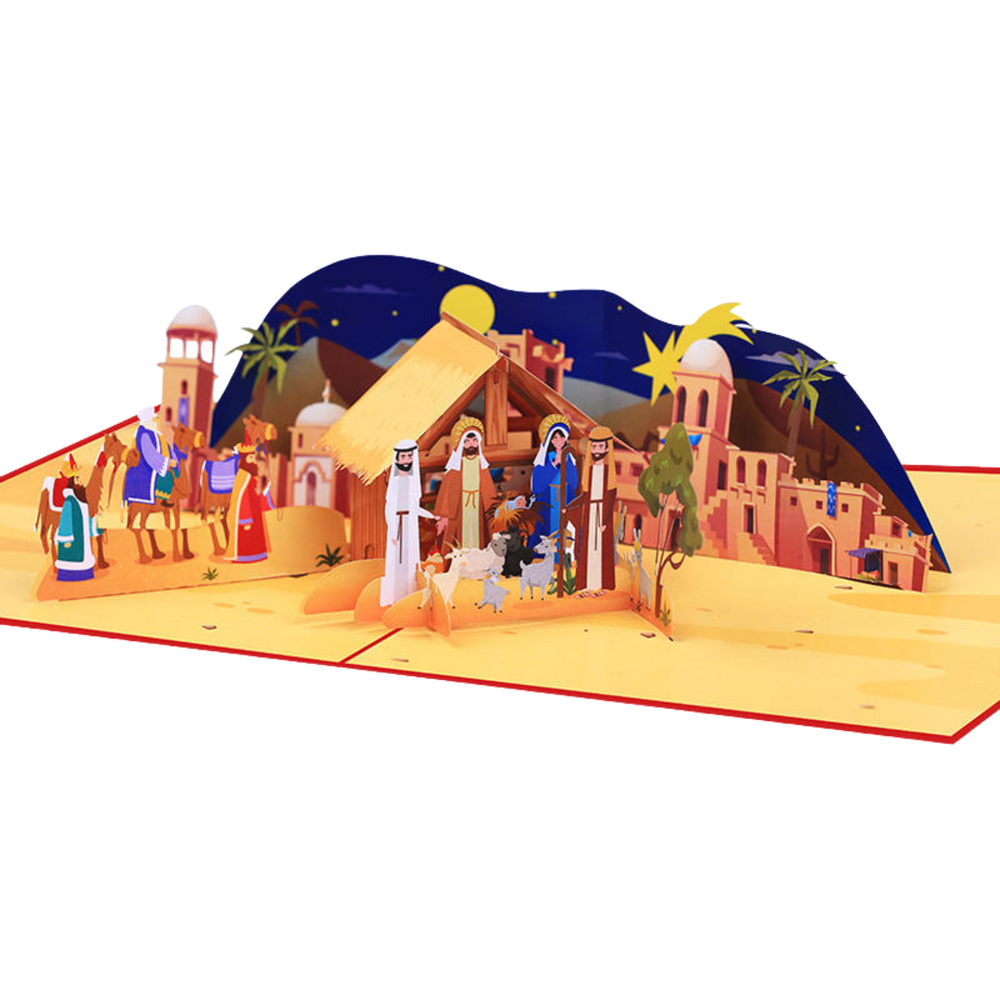 Deluxe 3D Pop-Up Christmas Nativity Card - Holy Family, Wise Men & Bethlehem Scene