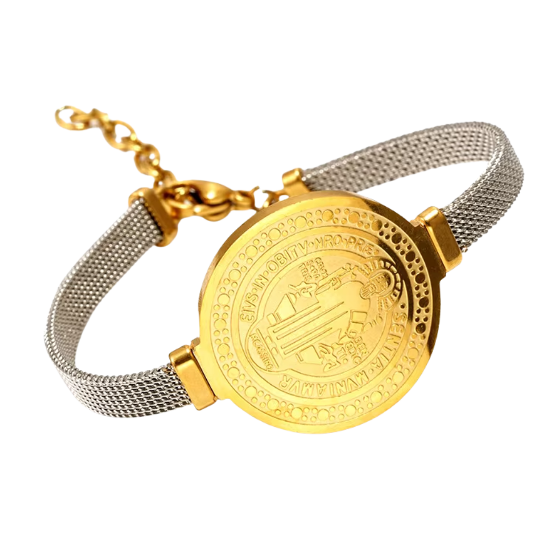 18K Gold Plated Two-Tone Saint Benedict Medal Bracelet – Symbol of Strength & Protection