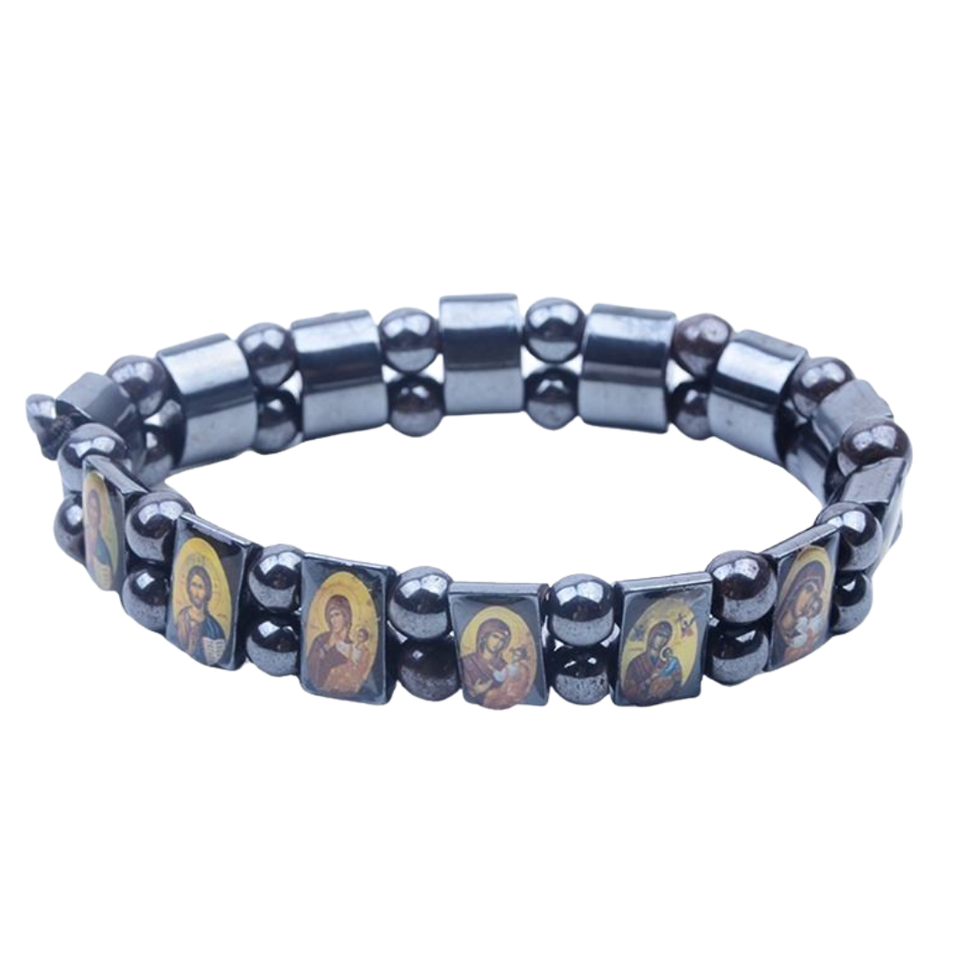 Black Hematite Jesus, Mary and Saints Holy Icons Bracelet