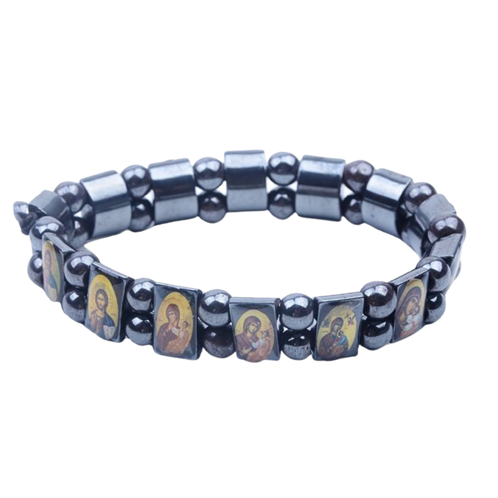 Black Hematite Jesus, Mary and Saints Holy Icons Bracelet