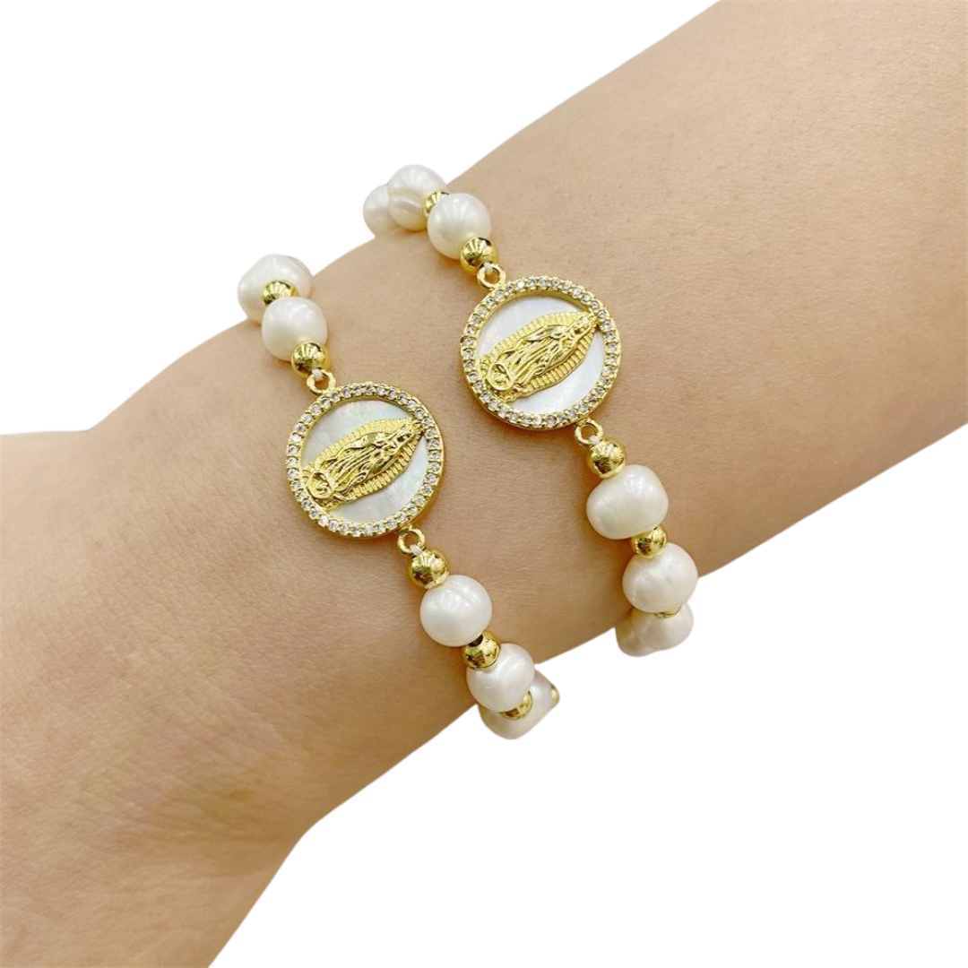 Gold Plated Virgin Mary Freshwater Cultured Pearl Bracelet