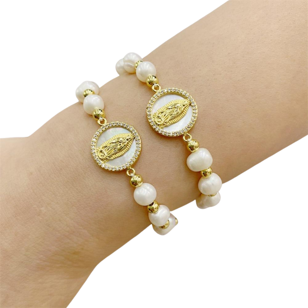 Gold Plated Virgin Mary Freshwater Cultured Pearl Bracelet