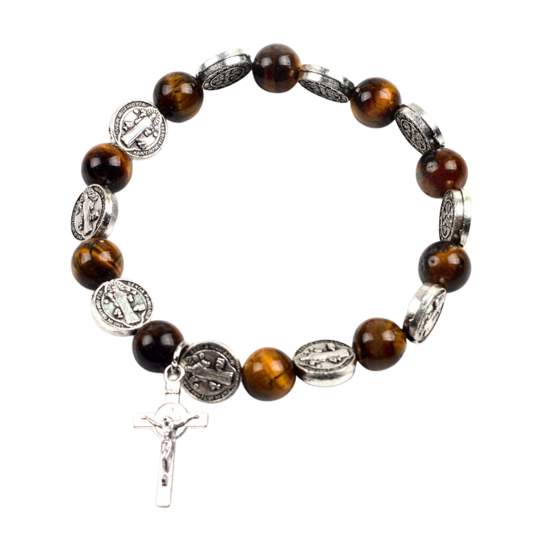 Saint Benedict Tiger Eye Rosary Bracelet