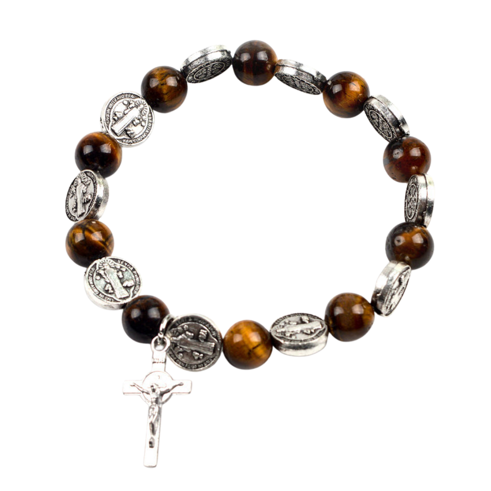 Saint Benedict Tiger Eye Rosary Bracelet