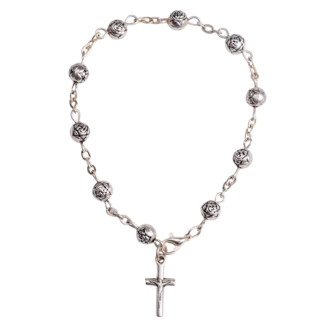 Silver Rose Bead One Decade Rosary Bracelet
