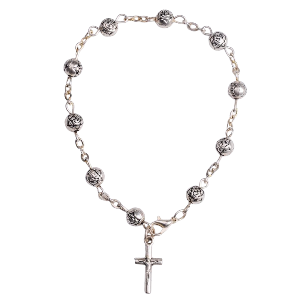 Silver Rose Bead One Decade Rosary Bracelet
