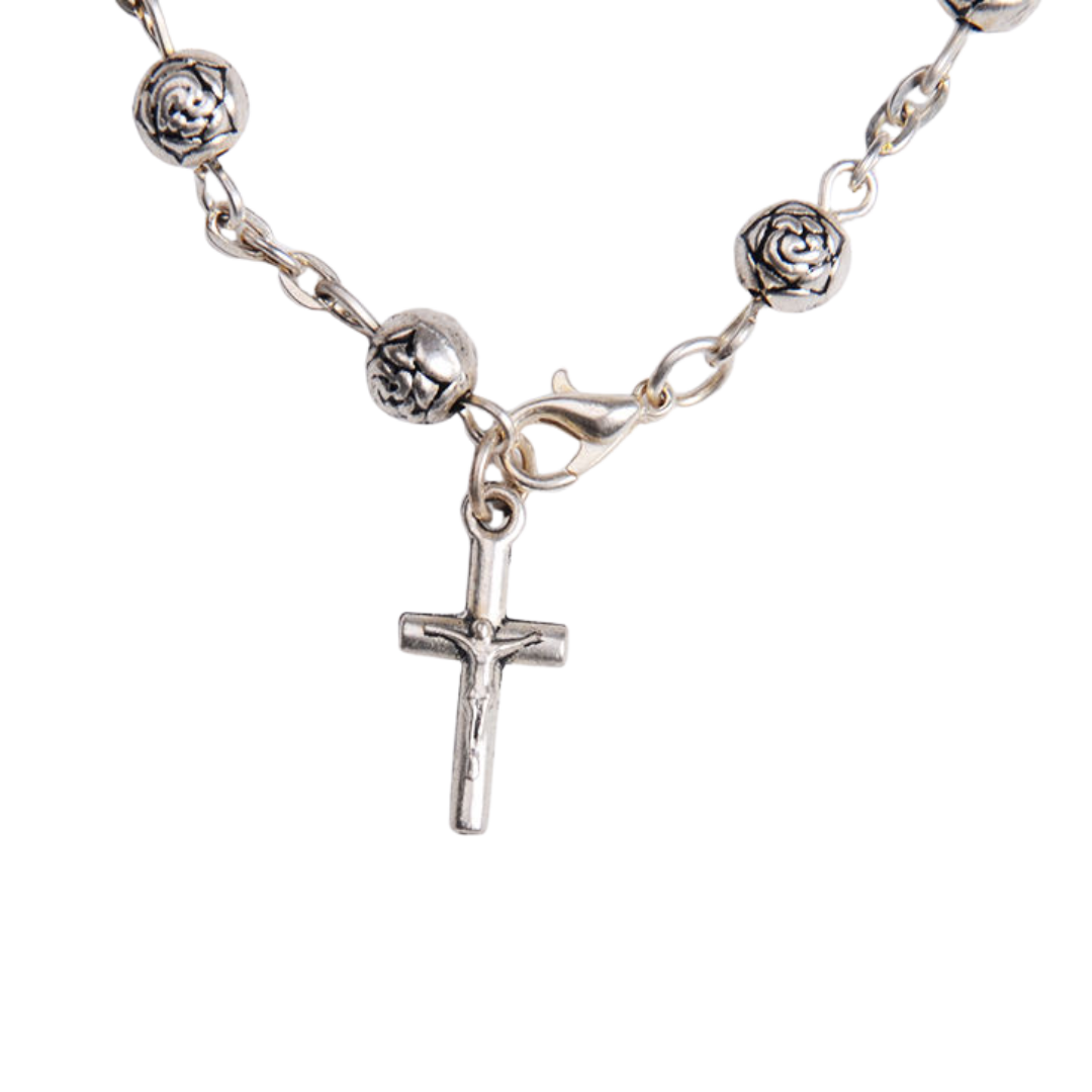 Silver Rose Bead One Decade Rosary Bracelet
