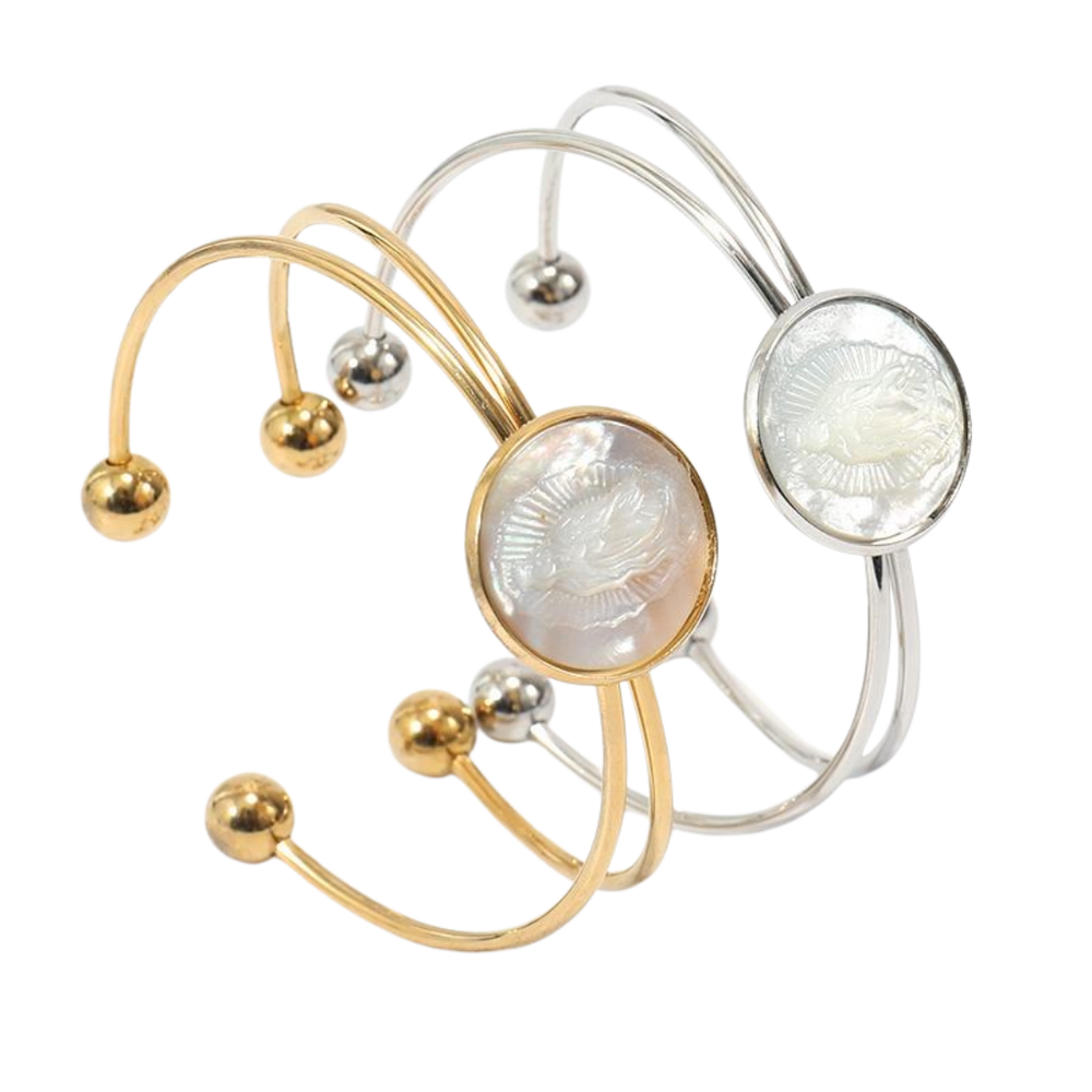 Mother-of-Pearl Virgin Mary Guadalupe Bangle – Gold and Silver