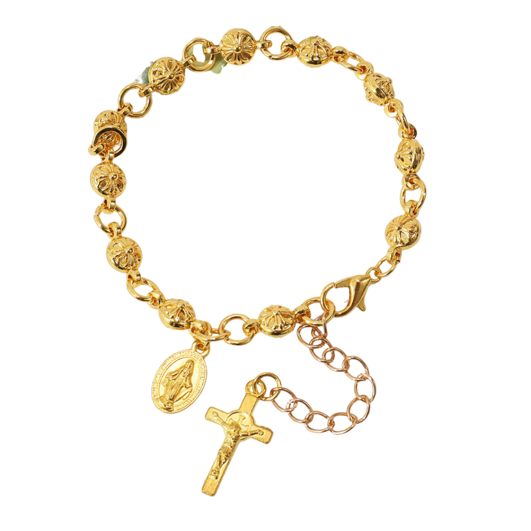 Gold Beaded Decade Rosary Bracelet with Crucifix – Adjustable