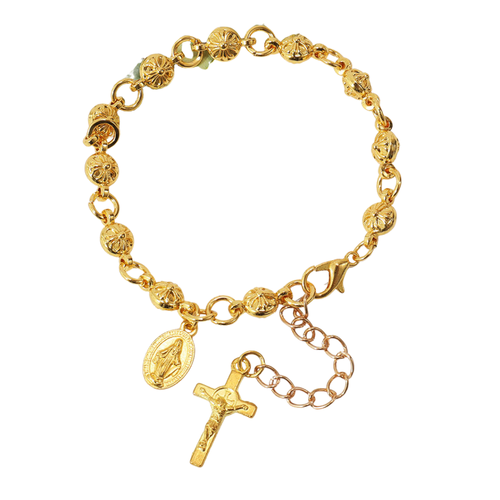 Gold Beaded Decade Rosary Bracelet with Crucifix – Adjustable