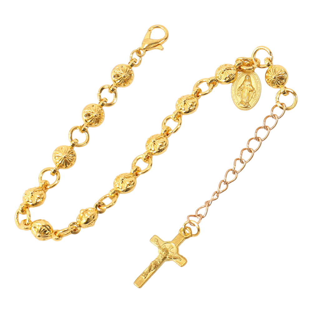 Gold Beaded Decade Rosary Bracelet with Crucifix – Adjustable