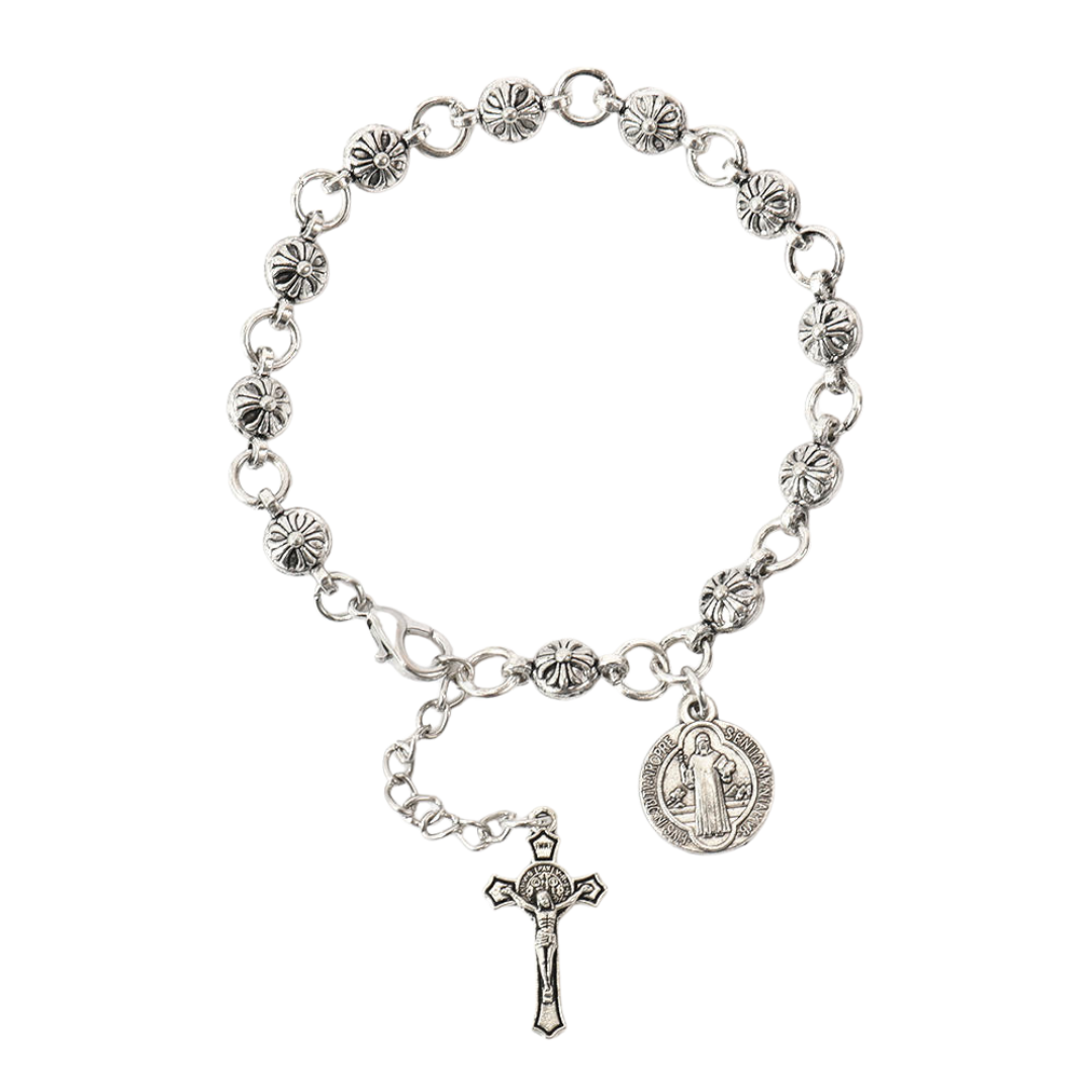 Silver Plated Beaded Decade Rosary Bracelet with Crucifix – Adjustable