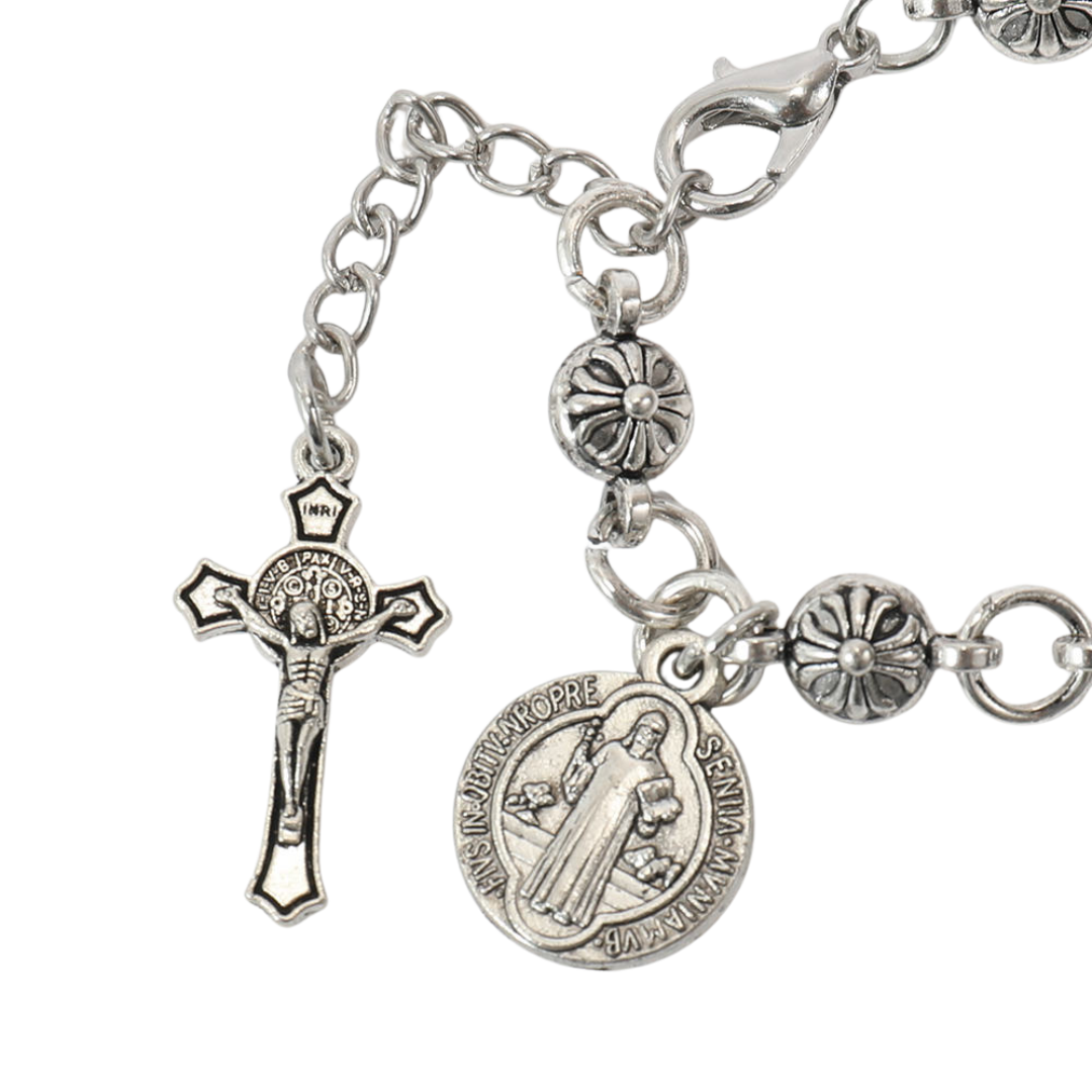 Silver Plated Beaded Decade Rosary Bracelet with Crucifix – Adjustable