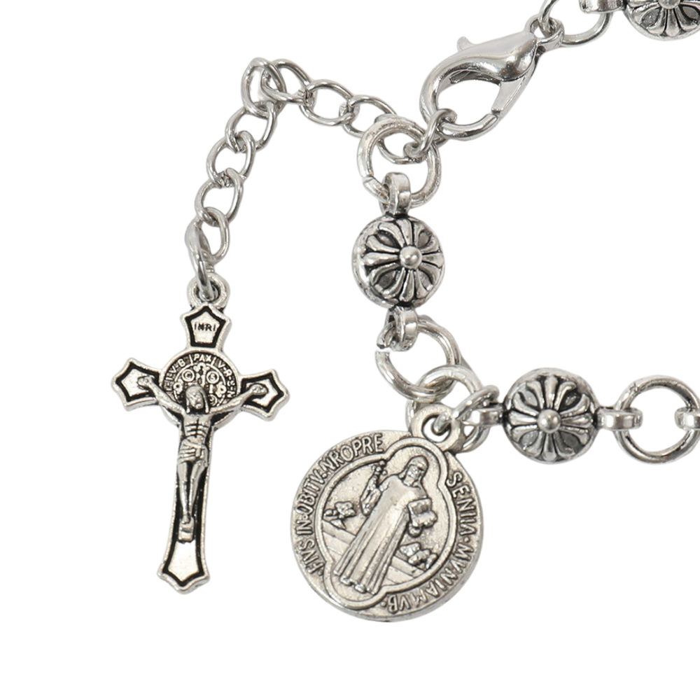 Silver Plated Beaded Decade Rosary Bracelet with Crucifix – Adjustable